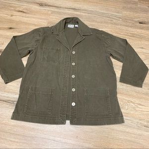 Women Chico’s Design Army Green front Pocket Jacket Size 1